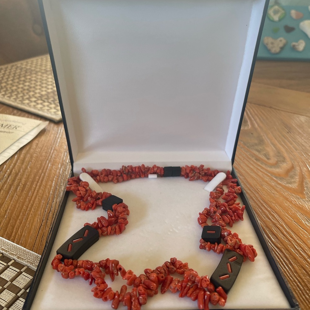 Italian Double Strand Mediterranean Red Coral Necklace with Black Coral Accents
